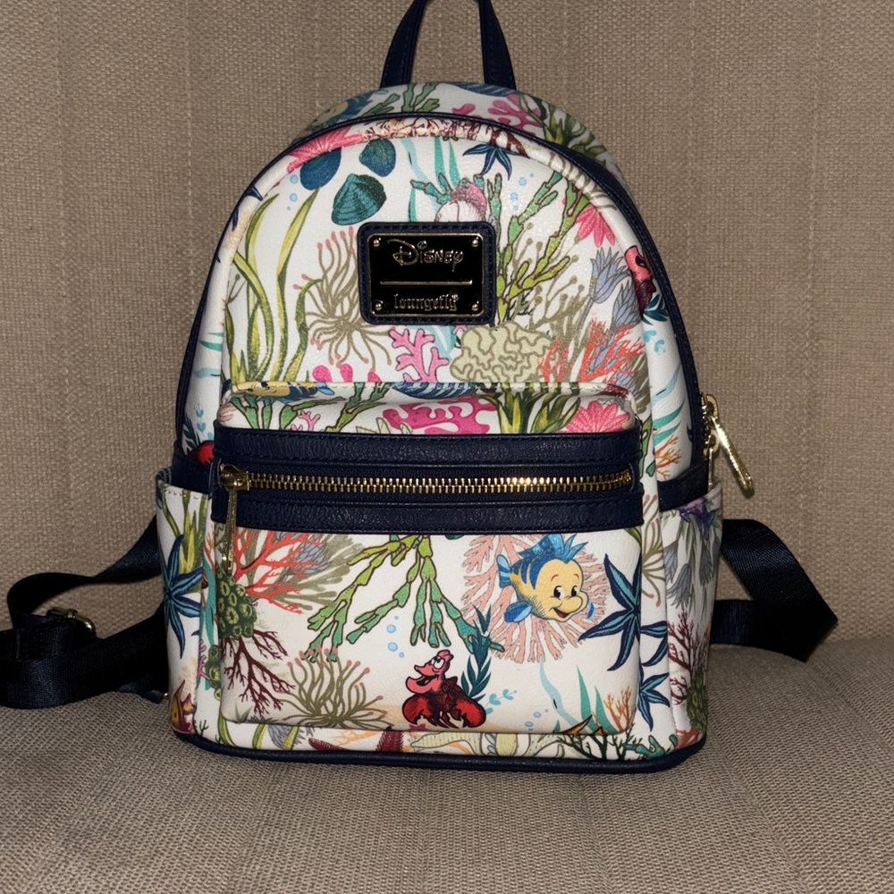 Loungefly White Floral The Little Mermaid Mini Backpack with Navy Trim